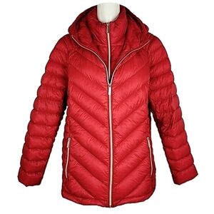 Michael Kors Women's Red Down Fill Quilted Puffer Hooded Winter Coat Size 1X